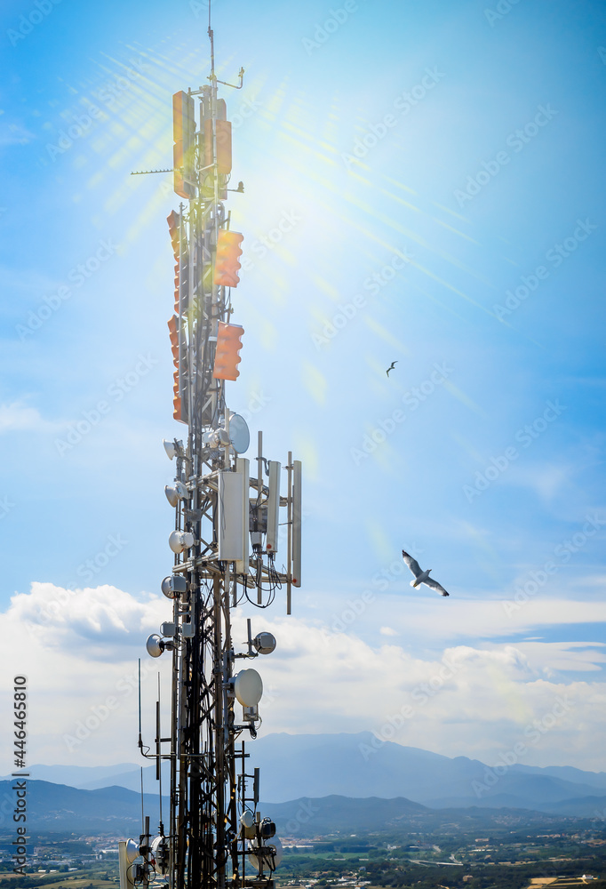 Telecommunication tower transmitting signals of cellular mobile 5g , 4g and 3g.
