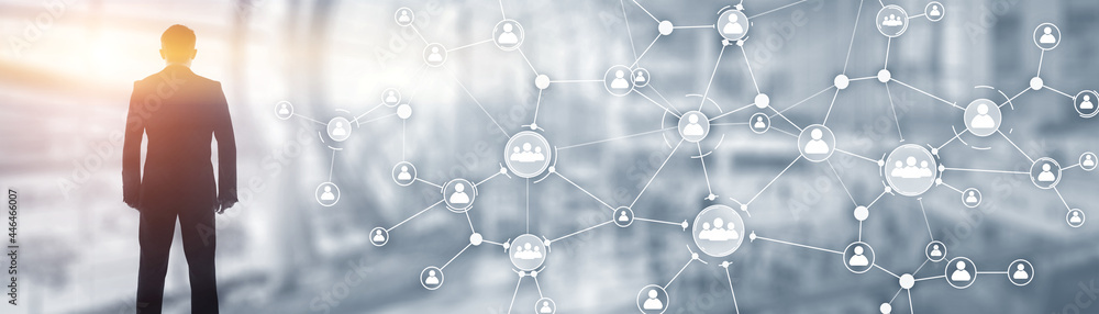 Fototapeta premium Social media icon people. Communication background. Universal elongated background for the site