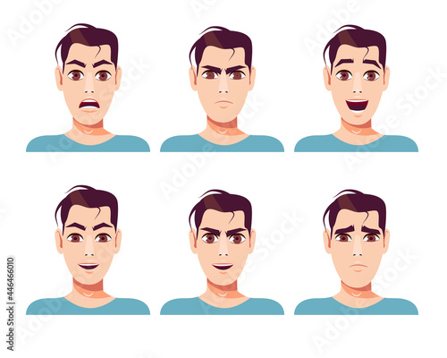 Set of young attractive man with different facial expressions. Vector illustration in cartoon style