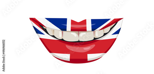 The flag of Great Britian on the lips. A woman' s smile with white teeth. Vector illustration.