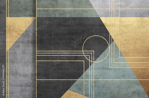 Fototapeta Naklejka Na Ścianę i Meble -  Grunge photo wallpaper with geometric abstraction on concrete background with gold elements. Illustration for wallpaper, fresco, mural.