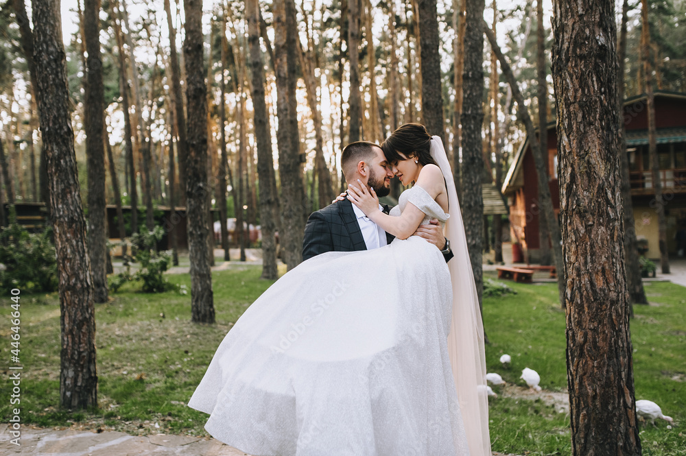 A young, stylish groom in a suit is holding a beautiful, smiling bride in a white dress with a long veil in the park, against the background of the forest. Wedding portrait of the newlyweds.