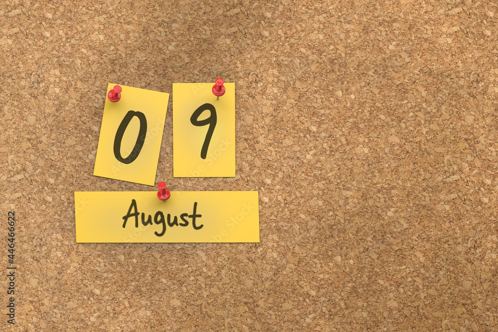 3d rendering of important days concept. August 9th. Day 9 of month. The date written on yellow papers is pinned to the cork board. Summer month, day of the year. Remind you an important event. 3d rendering of important days concept. August 9th. Day 9 of month. The date written on yellow papers is pinned to the cork board. Summer month, day of the year. Remind you an important event.