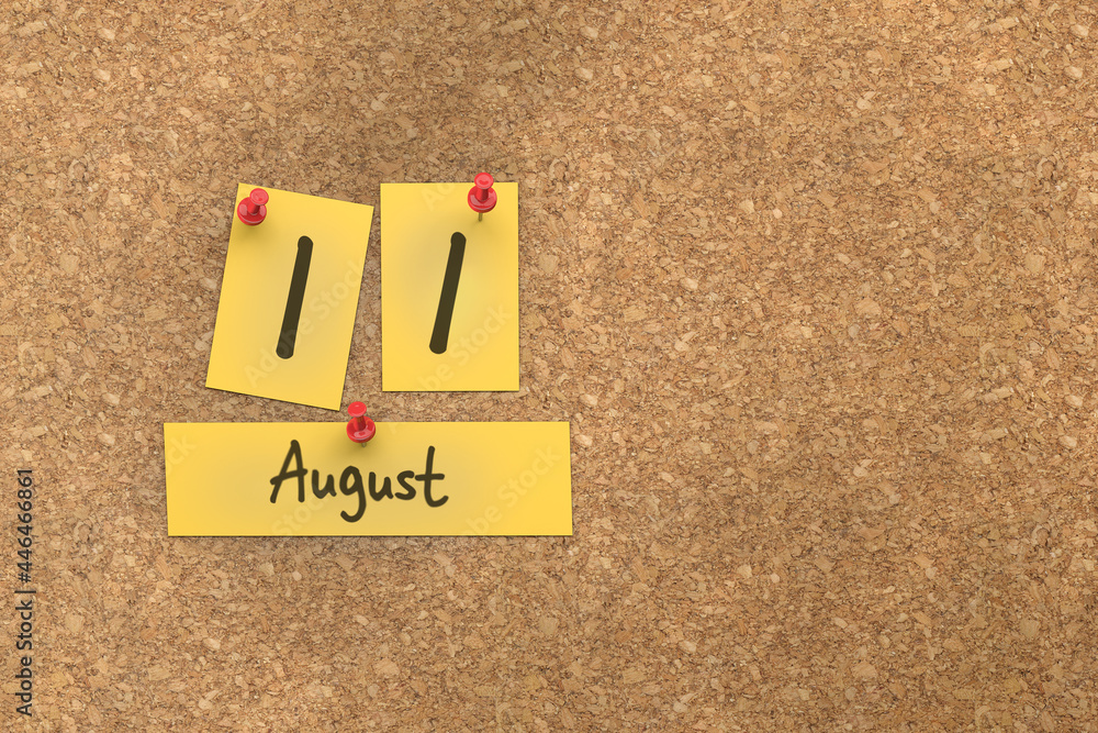 3d rendering of important days concept. August 11th. Day 11 of month. The date written on yellow papers is pinned to the cork board. Summer month, day of the year. Remind you an important event. 3d rendering of important days concept. August 11th. Day 11 of month. The date written on yellow papers is pinned to the cork board. Summer month, day of the year. Remind you an important event.