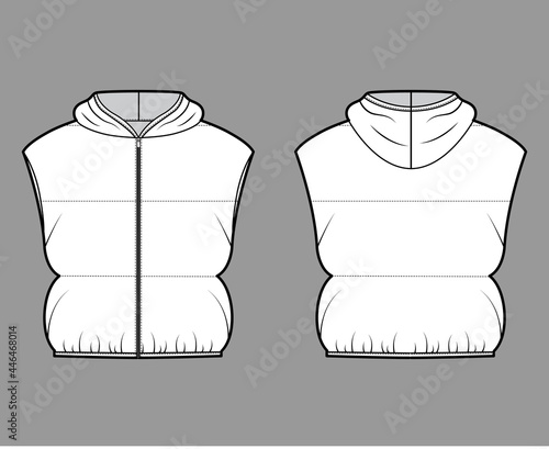 Hooded Down vest puffer waistcoat technical fashion illustration with zip-up closure, loose fit, crop length, wide quilting. Flat template front, back, white color style. Women, men, unisex CAD mockup