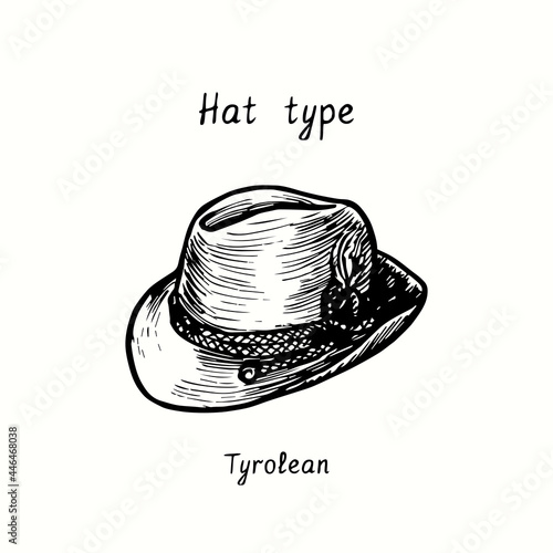 Hat type, tyrolean. Ink black and white drawing outline illustration photo
