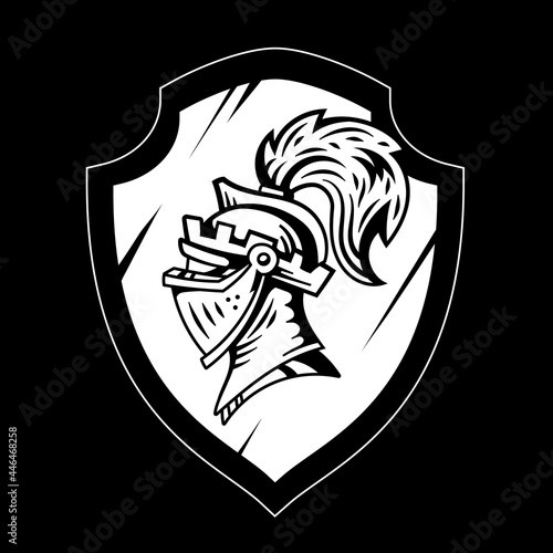 Vector logo knight head in helmet with feathers on the shield. Line art flat style design of white medieval knight head