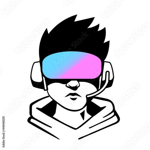 Vector logo man head with red and blue virtual reality helmet on white background. Line art flat style design
