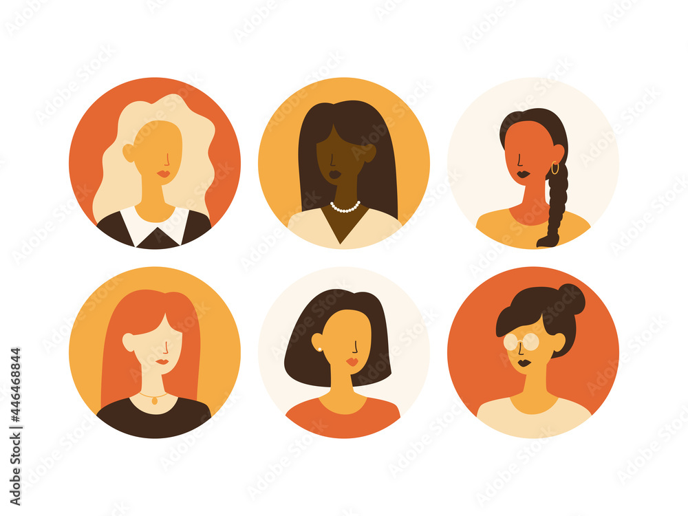 Set of user avatar. People avatar profile icons. Female faces. Women portraits. Racial diversity characters collection. Vector flat illustration in minimalistic color palette Set of user avatar. People avatar profile icons. Female faces. Women portraits. Racial diversity characters collection. Vector flat illustration in minimalistic color palette