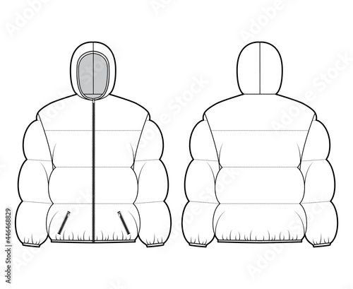 Hooded jacket Down puffer coat technical fashion illustration with long sleeves, pockets, boxy fit, hip length, wide quilting. Flat template front, back, white color style. Women, men, unisex top CAD