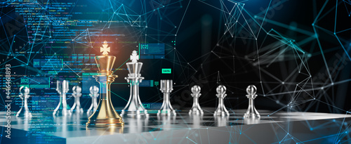 Concept of Strategy business ideas for Innovation planing and planing idea chess competition,futuristic graphic icon and gold chess board game black color tone with financial stock line background.
