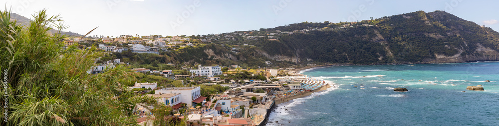 Panoramic view of the beach of Citara and the island of Ischia, Naples, Italy