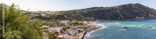Panoramic view of the beach of Citara and the island of Ischia  Naples  Italy