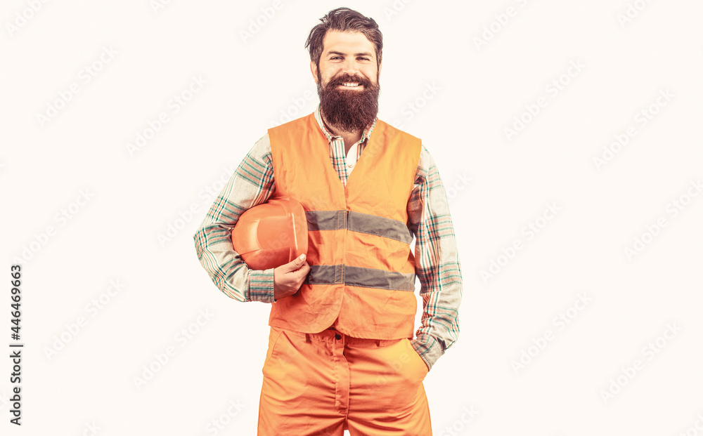 Worker in construction uniform. Man builders, industry. Builder in hard hat, foreman or repairman in the helmet. Bearded man worker in building helmet or hard hat Worker in construction uniform. Man builders, industry. Builder in hard hat, foreman or repairman in the helmet. Bearded man worker in building helmet or hard hat