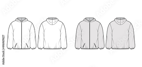 Puffer coat jacket technical fashion illustration with long sleeves, hoody collar, zip-up closure, boxy fit, hip length. Flat template front, back, white, grey color style. Women, men, unisex top CAD