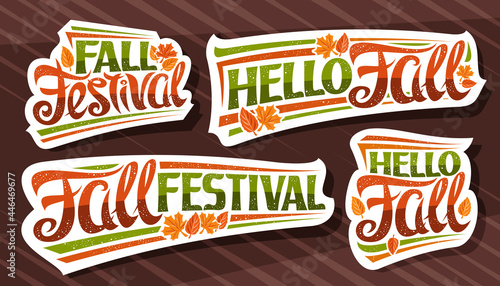 Vector set for Fall Season, white logos with curly calligraphic font, falling autumn leaves and decorative confetti, collection of isolated stickers with swirly unique lettering on brown background.