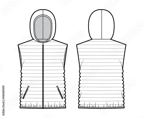 Down vest puffer waistcoat technical fashion illustration with hoody collar, zip-up closure, hip length, narrow quilting. Flat template front, back, white color style. Women, men unisex top CAD mockup