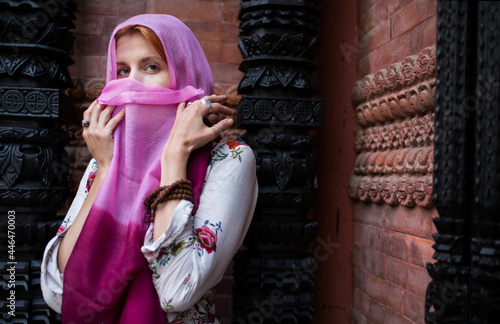 russian girl in asia, woman in scarf