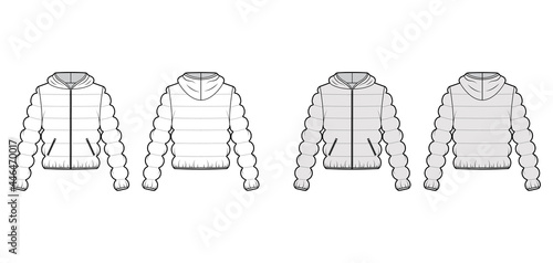 Hooded jacket Down puffer coat technical fashion illustration with zip-up closure, oversized, classic quilting. Flat template front, back, white, grey color style. Women, men, unisex top CAD mockup