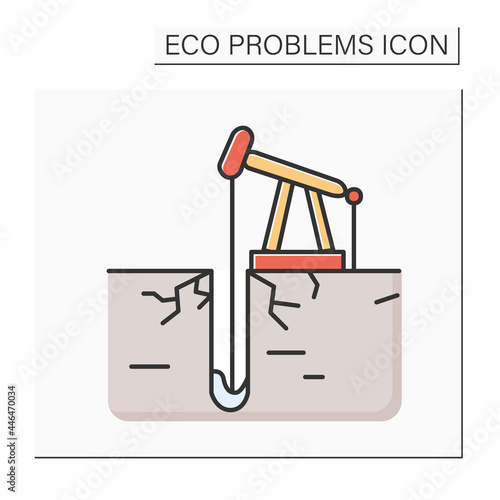 Industrial drilling color icon. Oil extraction with derrick. Concept of resource depletion, mineral digging, ecosystem and global environment danger.Isolated vector illustration