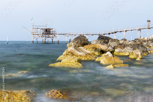 June 2021, San Vito Chietino, Abruzzo, Italy. Trabocchi coast. View of the Turchino Trabocco. Ancient fishing machine