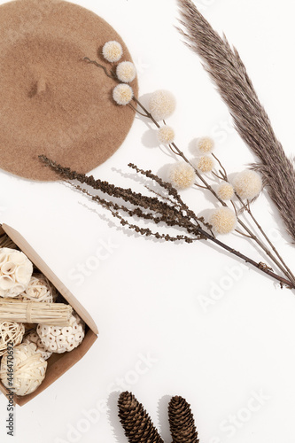 Fashion Flat lay seasonal wallpaper. Warm beret. Minimal fall winter brunch decor. Stylish autumn, winter clothes shopping, sale concept, Beige brown colours trends