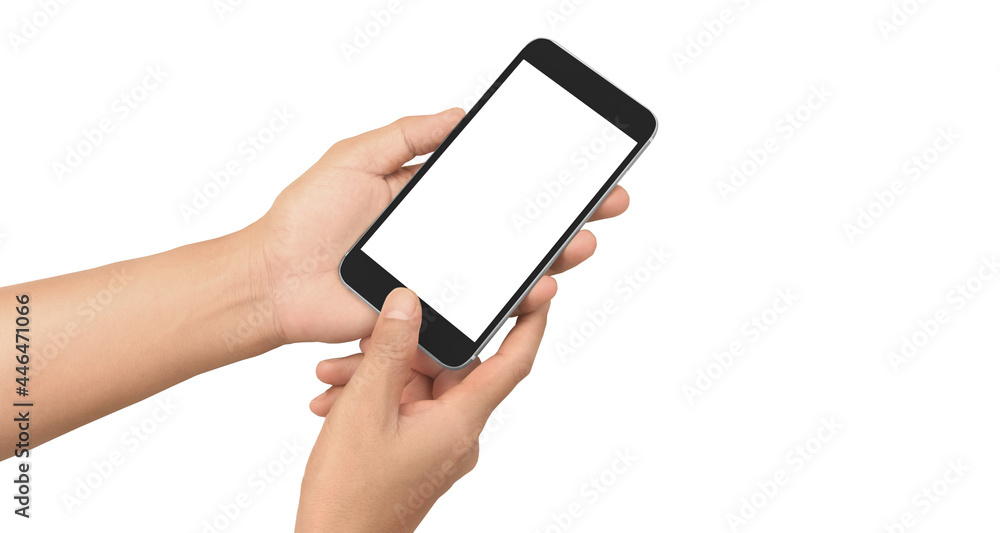 Hand holding smartphone device touching screen Hand holding smartphone device touching screen
