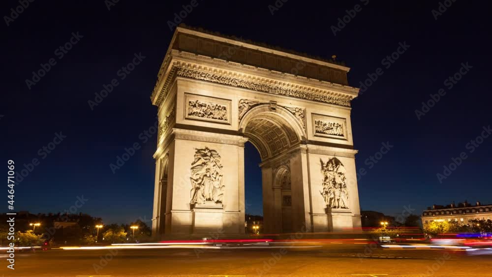 4K UHD night timelapse of the Triumphal Arch - Arc De Triomphe in Paris France 4K UHD night timelapse of the Triumphal Arch - Arc De Triomphe in Paris France