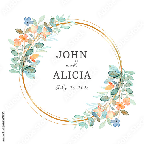 Watercolor floral wreath with golden circle