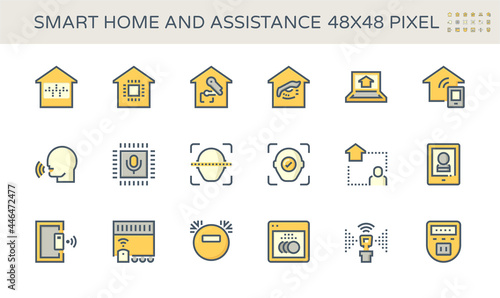 Smart home system and digital technology vector icon set. Consist of voice assistant or recognition, security and automation. To monitoring and control by remote, ai, app in mobile or smartphone.