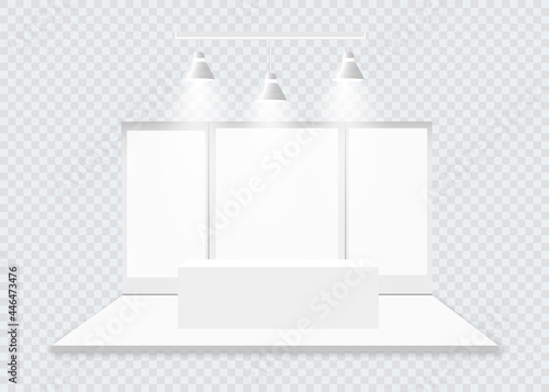 3D exhibition booth. White empty promotional stand with desk. Vector white empty geometric square. Presentation event room display. Blank box template