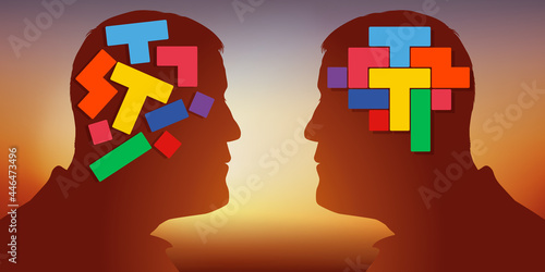 Concept du contraste d’un esprit créatif et un raisonnement cartésien, avec deux hommes face à face, qui opposent deux cerveaux différents.