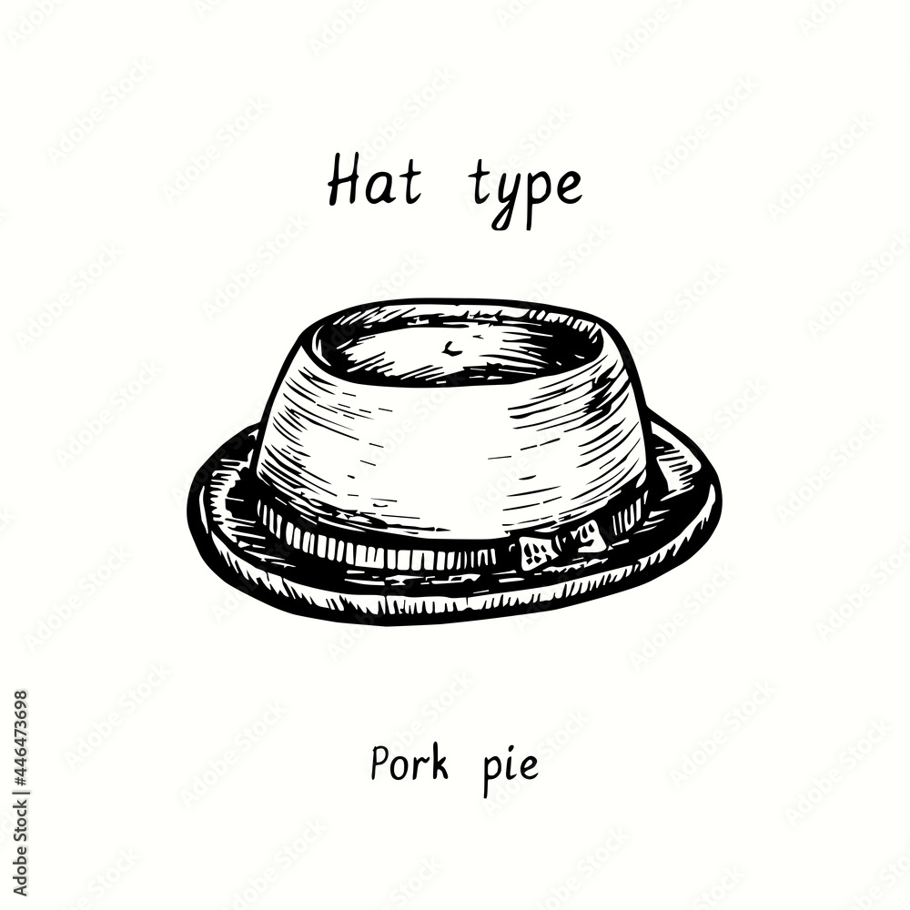 Hat type, pork pie. Ink black and white drawing outline illustration