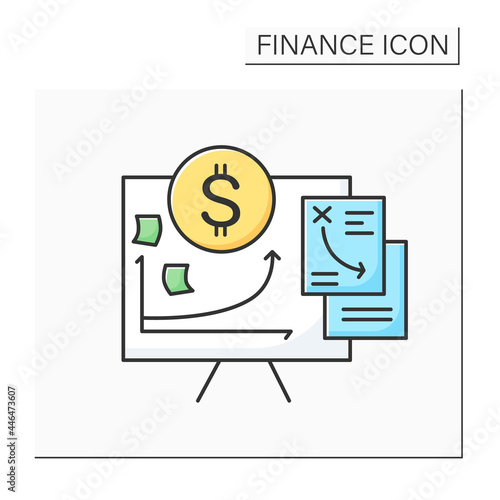 Financial plan color icon. Project cost planning presentation. Concept of budget, finance analytics, economical statistics and business project planning. Isolated vector illustration