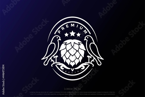 Retro Vintage Bird with Hop for Craft Beer Brewing Brewery Label Logo Design Vector