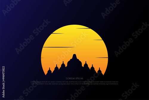 Simple Minimalist Sunrise Sunset Borobudur Temple Statue Logo Design Vector