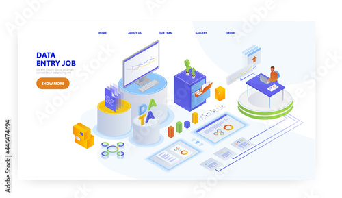 Data entry job, landing page design, website banner vector template. Man entering information into database. Freelance.