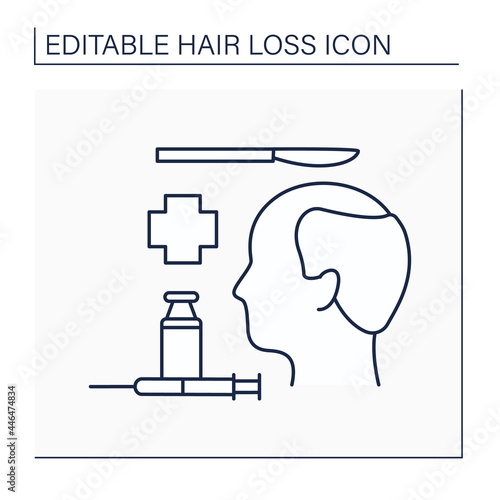 Hair loss line icon. Surgical restoration.Transplant surgery. Relocating hair follicles to bald or thinning area.Alopecia concept. Isolated vector illustration. Editable stroke
