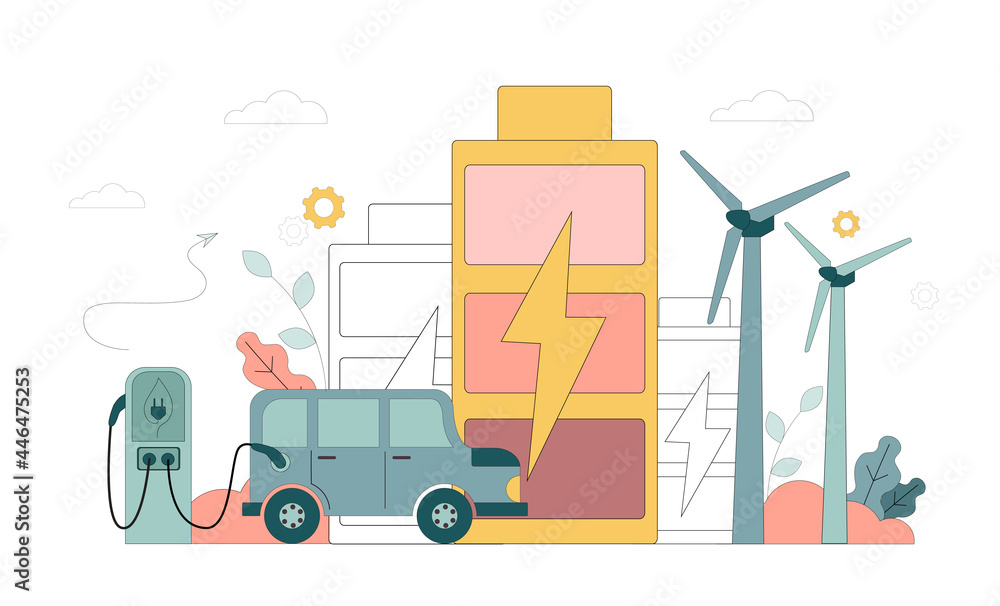 Fototapeta premium Green energy. Solar panels, wind turbines and battery storage. Vector illustration on white background