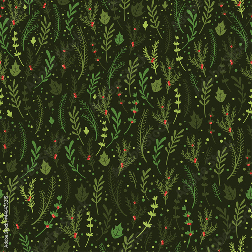 Lovely hand drawn Christmas branches seamless pattern, cute doodle background with fir, holly berries and decoration - great for wrapping, textiles, banners, wallpapers - vector design