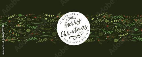 Lovely hand drawn Christmas branches seamless pattern, cute doodle background with fir, holly berries and decoration - great for wrapping, textiles, banners, wallpapers - vector design