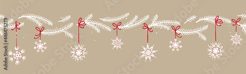 Lovely hand drawn Christmas branches seamless pattern, cute doodle background with fir, holly berries and decoration - great for wrapping, textiles, banners, wallpapers - vector design