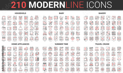 Home appliances, household tools, summer vacation, bakery thin red black line icon vector illustration set. Website outline travel cruise, baby care pictogram app symbols collection editable stroke