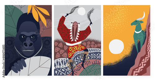 Culture symbols from Africa, tribal ethnic decorative pattern, wall art decor vector illustration. Cartoon dancing shaman on ceremony, gorilla, antelope kudu animals in african wallpaper set
