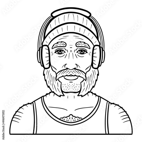 man with beard  headphones and hat. comic avatar  monochrome.