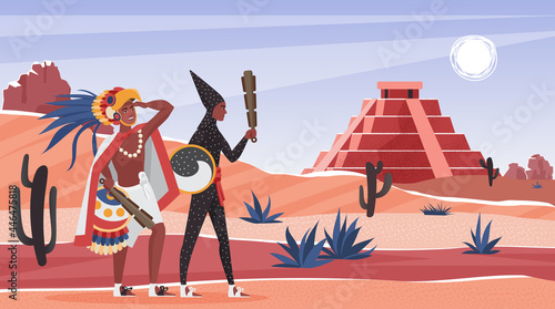 Aztec tribe people in wild desert landscape vector illustration. Cartoon warior characters standing near altar pyramid building of ancient aztec civilization, history of Mexico, education background