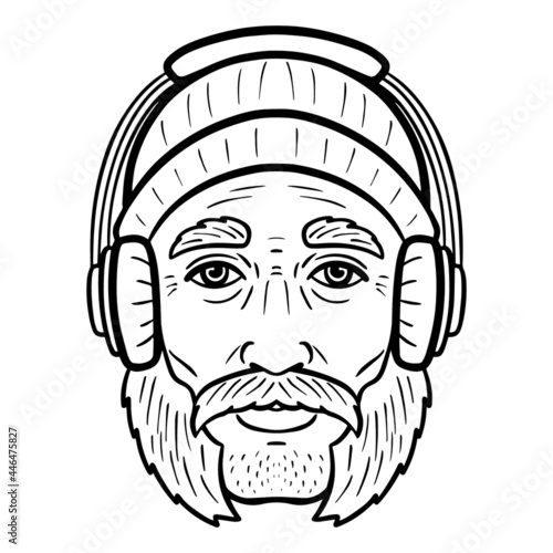 man with whiskers and headphones. comic avatar, monochrome.