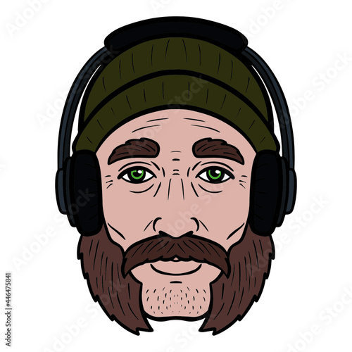 man with whiskers and headphones. comic avatar.