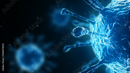 Coronavirus and bright particles on a dark background. 3D rendering