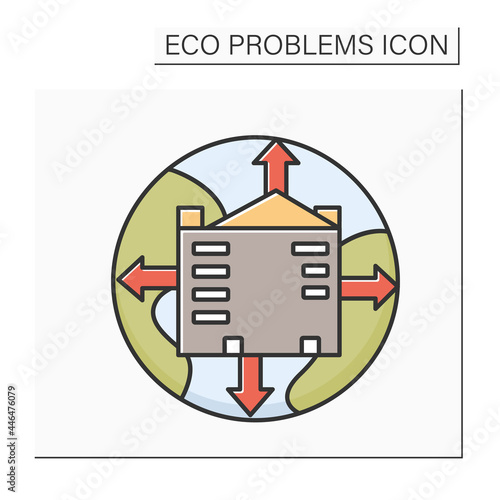 Urbanization color icon. Earth globe with growing city. Concept of urban sprawl, globalization. environmental impact and ecology issue. Isolated vector illustration